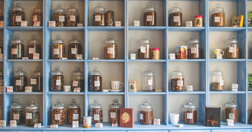 jars of herbal teas for children on a shelf